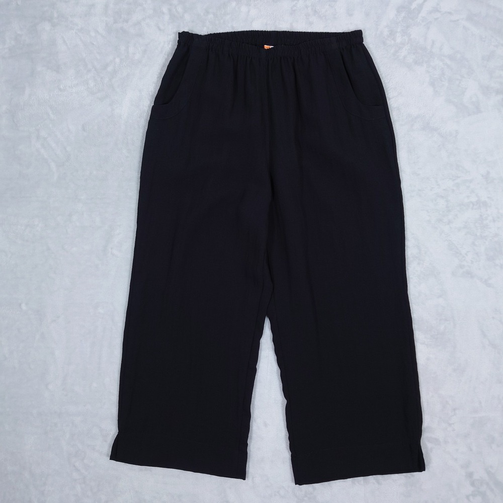 Fridaze Linen Pants Womens Medium Black Minimalist Elastic Waist Lagenlook Crop